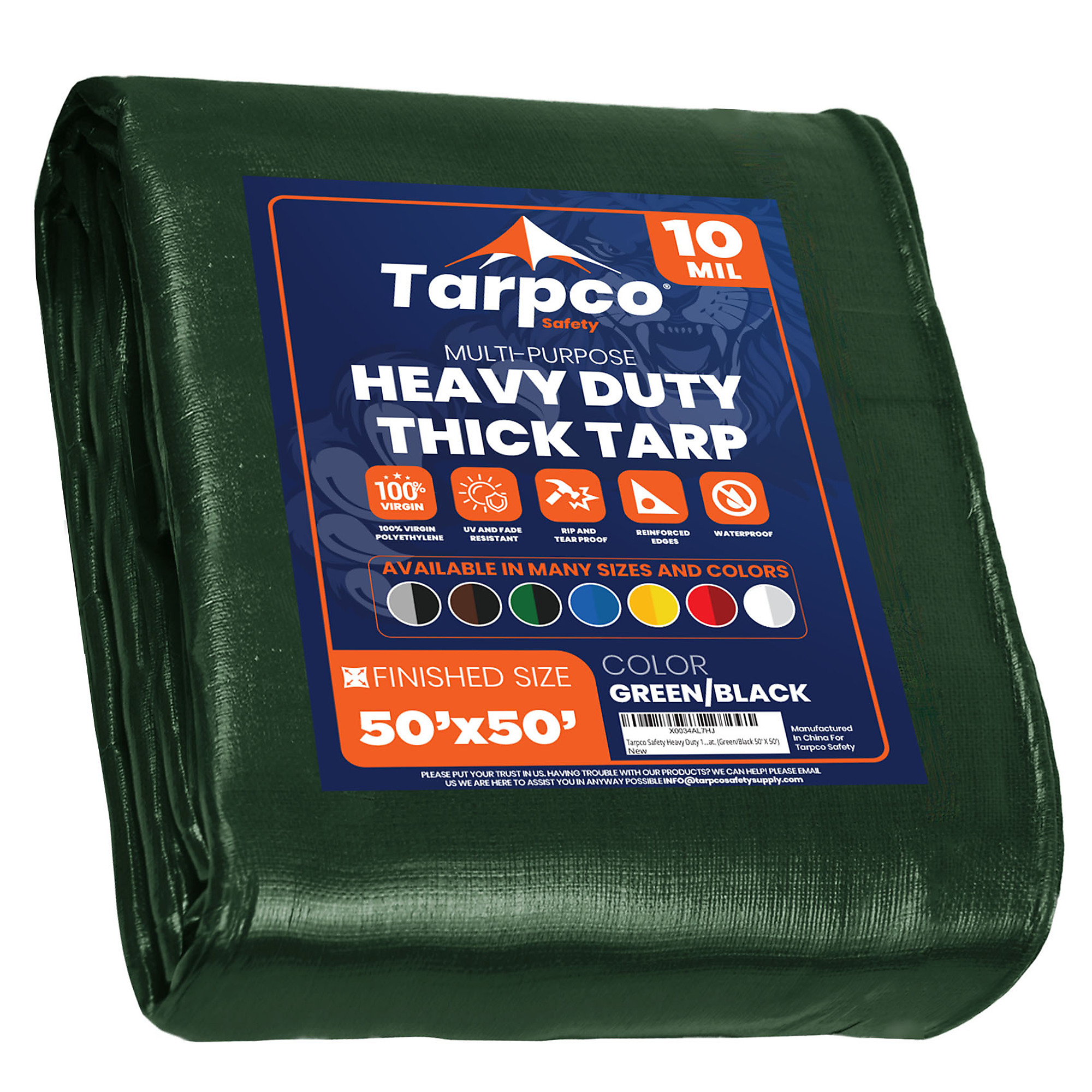 Tarpco Safety Heavy-Duty Tarp Cover — 50ft. x 50ft., 10 Mil, Waterproof, UV Resistant, Rip and Tear Proof, Reinforced Edges, Green/Black, Model# TS-153-50X50
